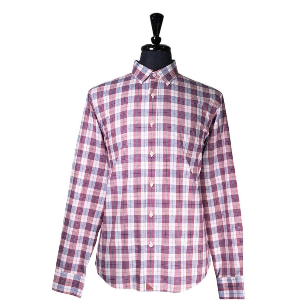 UNTUCKit Mens Shirt Large Red Blue Plaid Wrinkle Free Cotton Button Up Casual